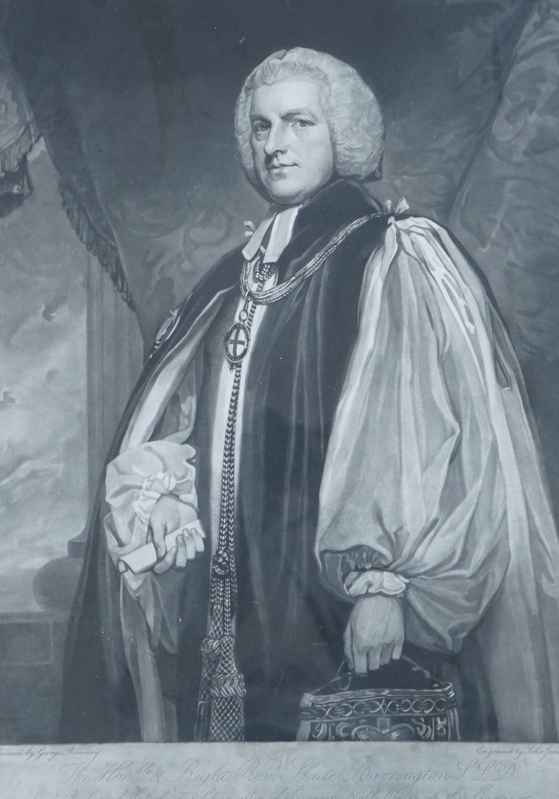 After George Romney (British 1734-1802), mezzotint, The Honourable and Right Reverend Shute Barrington, engraved by John Jones, 49 x 34cm